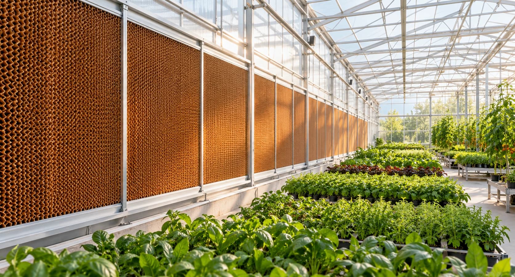 Honeycomb evaporative cooling pad wall installed in a bright greenhouse