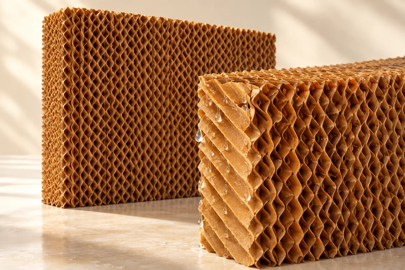 Amber honeycomb cooling pads showing their deep paper channels and water absorption
